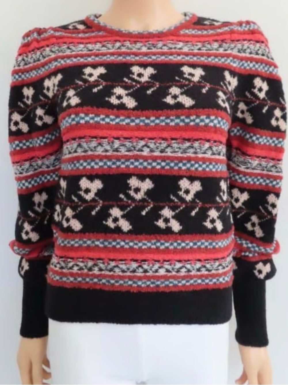 Ulla Johnson Black, Coral & Cream Patterned V-Neck Sweater